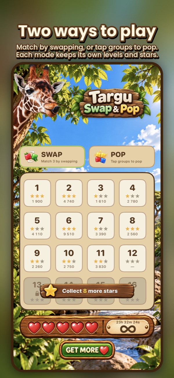Level map with SWAP and POP mode cards, stars and hearts